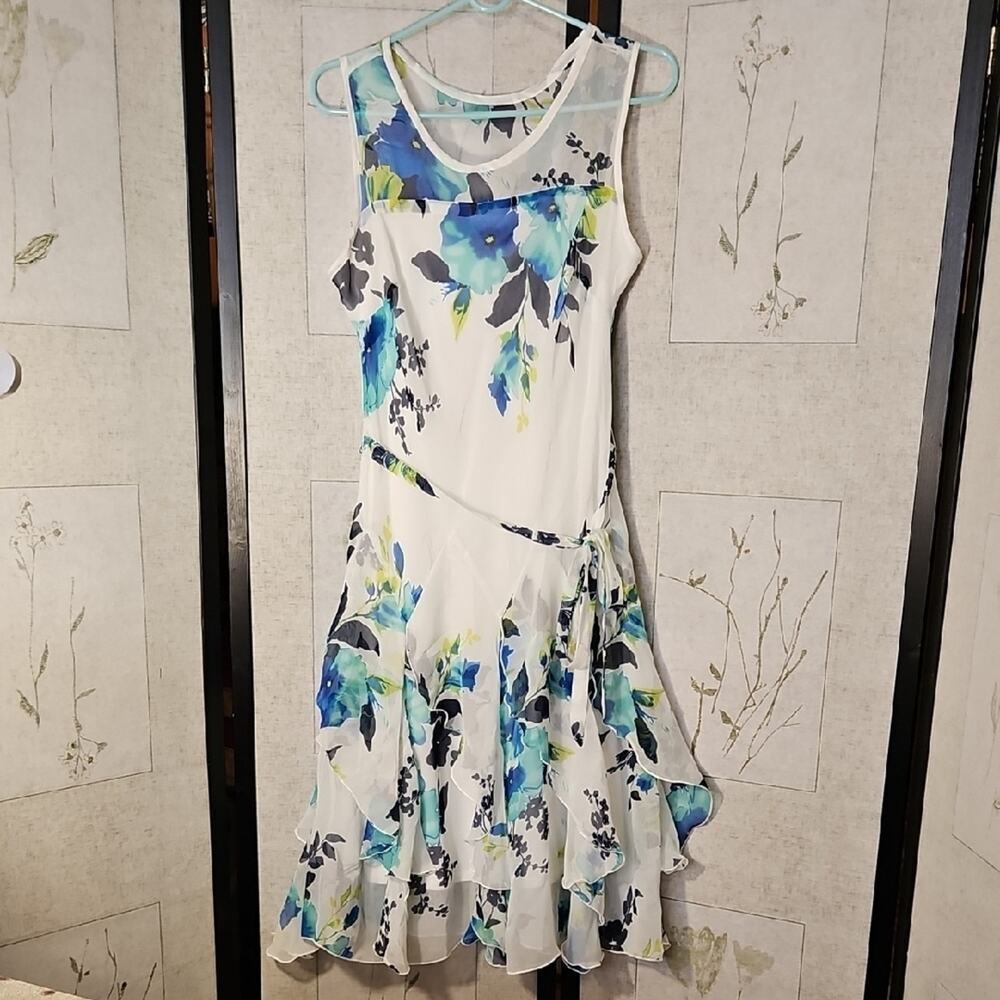 Dressbarn White and Blue Asymmetrical Sundress with Ruffled Hem